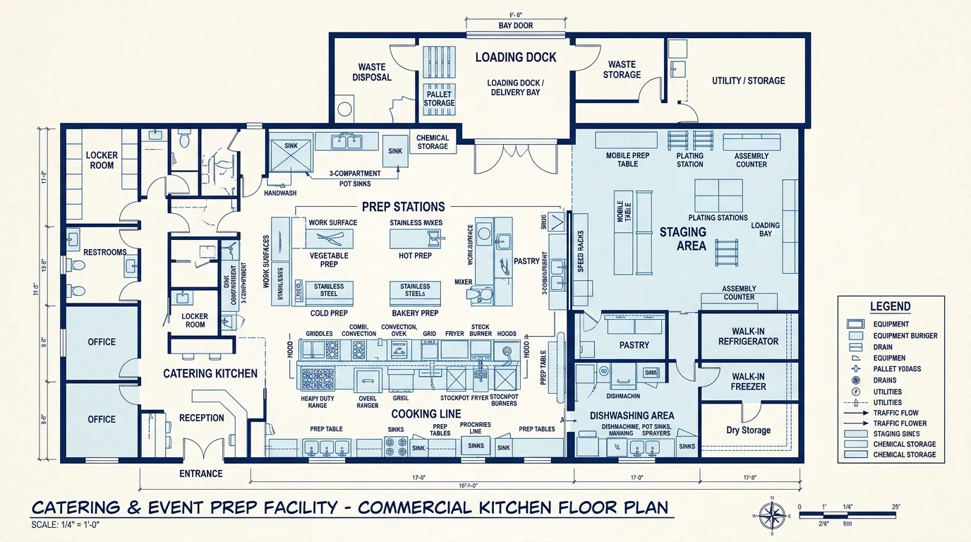 Architectural floor plan schematic for Heaven On Earth Events commercial prep, kitchen, and staging facility