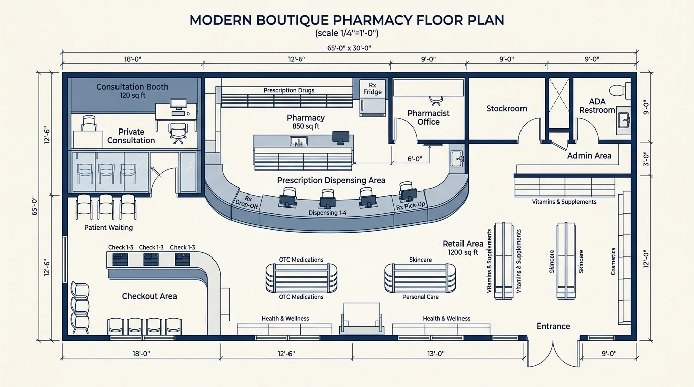 Architectural floor plan schematic for Reed Hutchins Pharmacy dispensing and retail layout